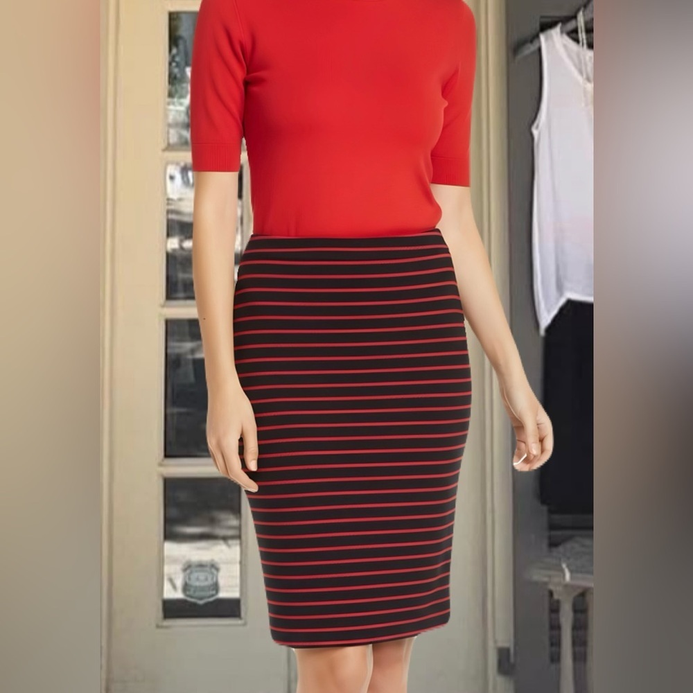 Classy Navy Red Stripe Cotton Blend Fully Lined Business Casual Midi Skirt